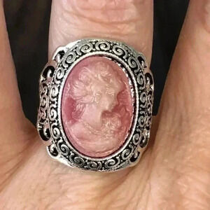 Pink Ornate Vintage Style Cameo Lady Portrait Crystal Silver Ring